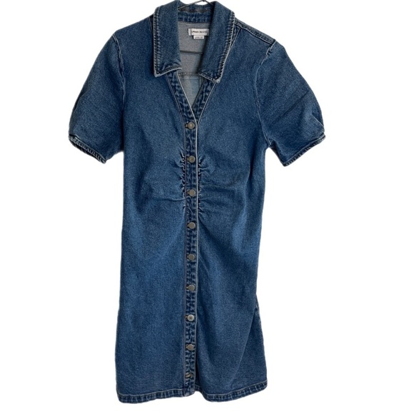 Urban Revivo Blue Denim Button Front Collared Fitted Short Sleeve Dress - Picture 1 of 10
